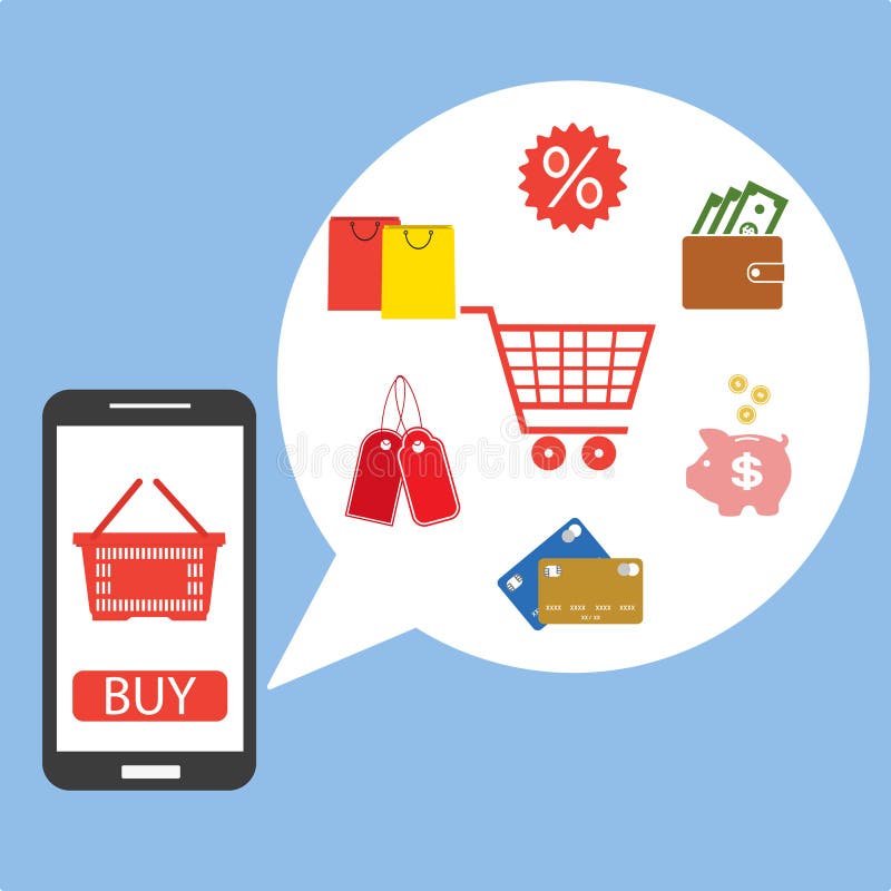 Design plat pentru cumpărături pe mobil sau la cumpărături online prin intermediul aplicațiilor pe smartphone royalty free illustration