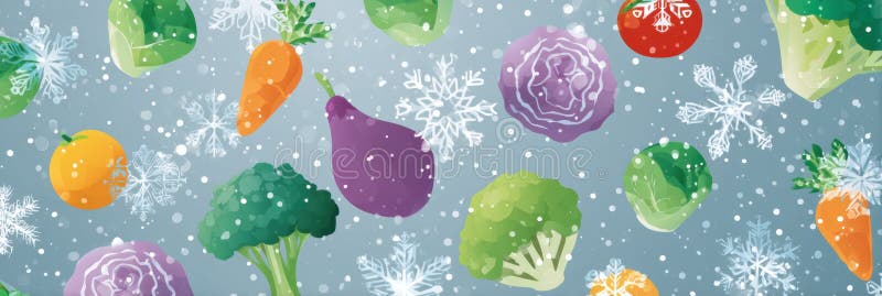 Design presenta cristalli di ghiaccio su prodotti freschi Icone che evidenziano verdure stagionali e frutta in una visualizzazione immagini stock libere da diritti