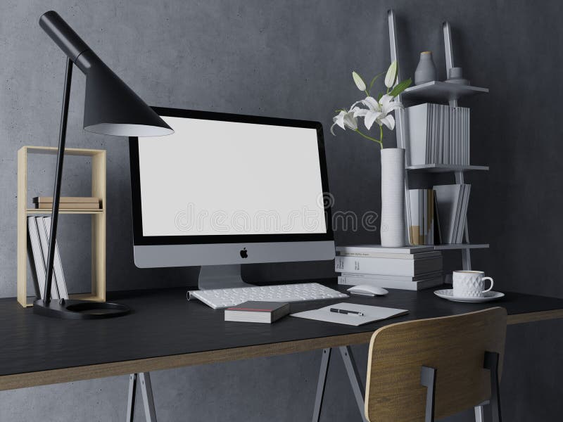 Design realist al șablonului de machetă al ecranului alb gol pentru design și prezentare pe un spațiu de lucru elegant pentru biro stock photo