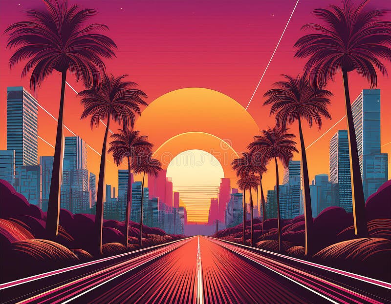 Design retro-undiță. Drum spre apus. Zgârie-nori și palme. Ilustrație vectorială. vector illustration