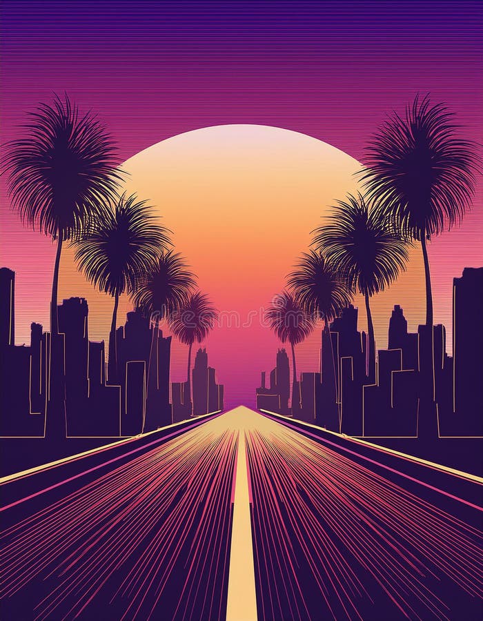 Design retro-undiță. Drum spre apus. Zgârie-nori și palme. Ilustrație vectorială. stock illustration