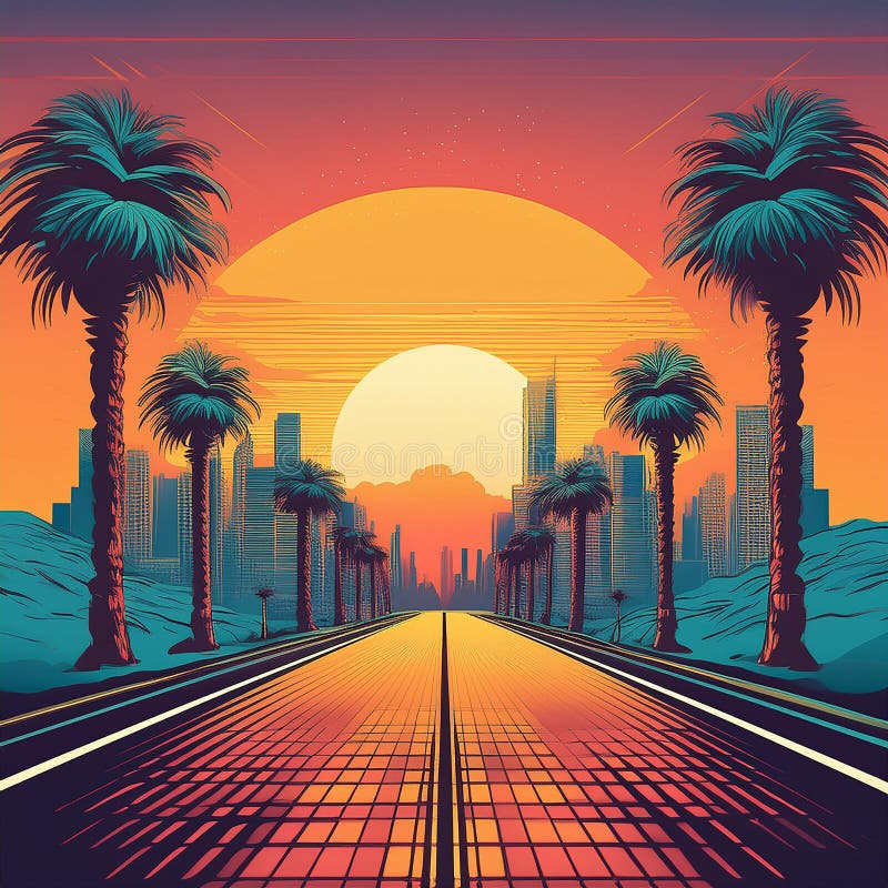 Design retro-undiță. Drum spre apus. Zgârie-nori și palme. Ilustrație vectorială. stock illustration