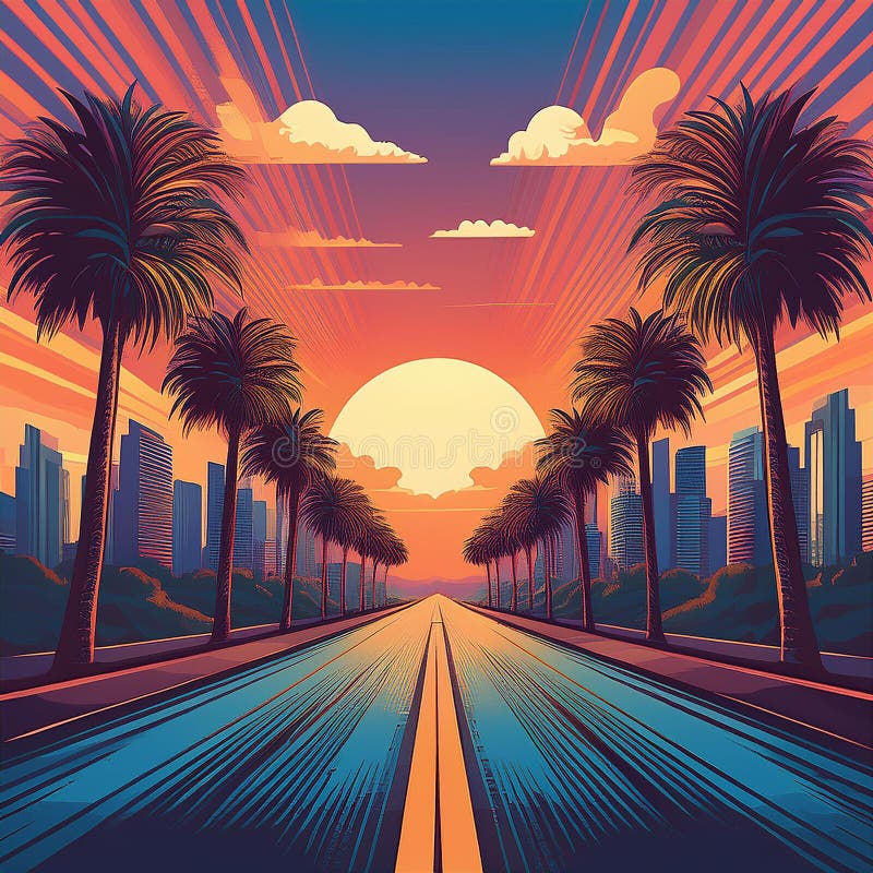 Design retro-undiță. Drum spre apus. Zgârie-nori și palme. Ilustrație vectorială. stock illustration