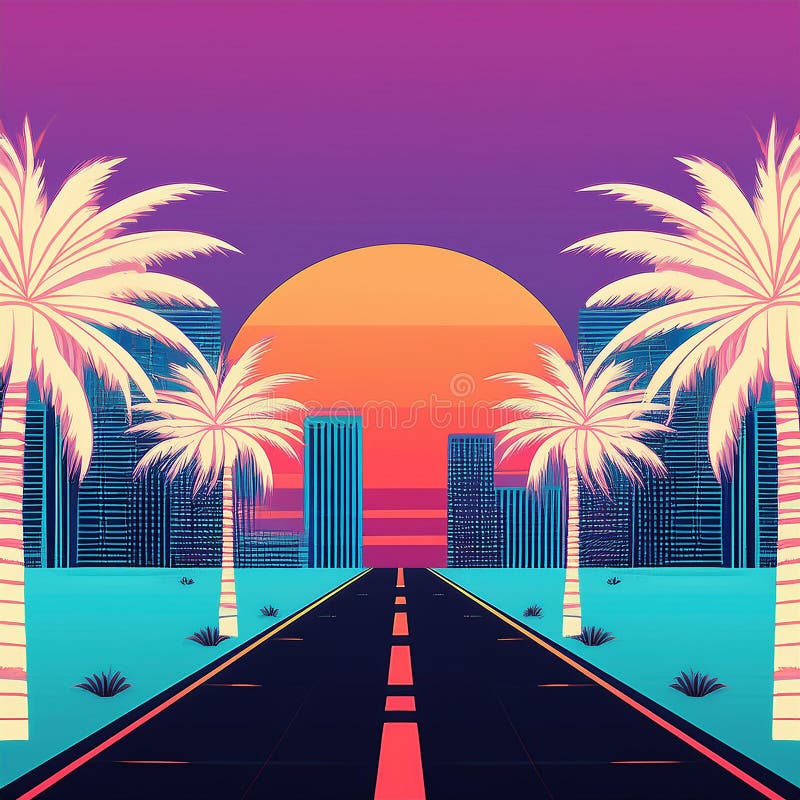 Design retro-undiță. Drum spre apus. Zgârie-nori și palme. Ilustrație vectorială. royalty free illustration