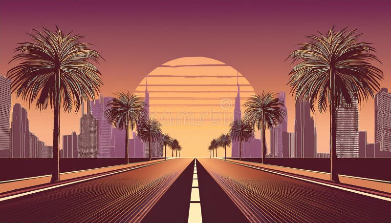 Design retro-undiță. Drum spre apus. Zgârie-nori și palme. Ilustrație vectorială. vector illustration