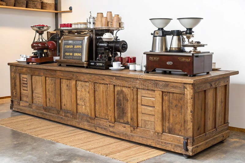 Design Rustic Cafe con vecchie apparecchiature per il contatore e il caffè isolati su bianco illustrazione di stock