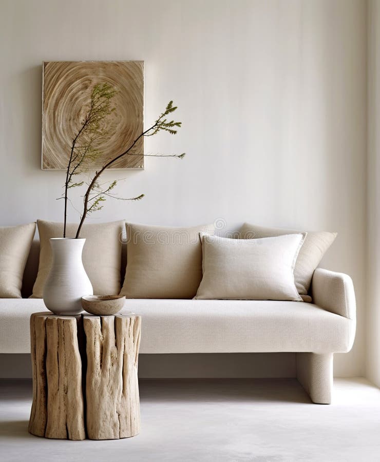 Design rustico degli interni del moderno salotto con divano e cuscini in tessuto beige. parete bianca con cornice e spazio per il royalty illustrazione gratis