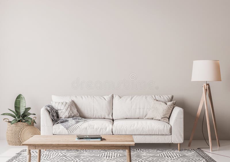 Design scandinave salon avec un panier en osier de lampadaire table en bois et un canapé blanc sur le fond beige Design scandinave salon avec un panier en osier de lampadaire table en bois et un canapé blanc sur le fond beige