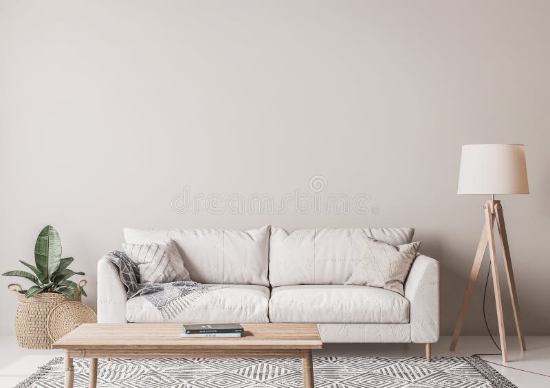 Design scandinavo del soggiorno con lampada in legno per pavimenti e paniere di vetrina e divano bianco su fondo beige
