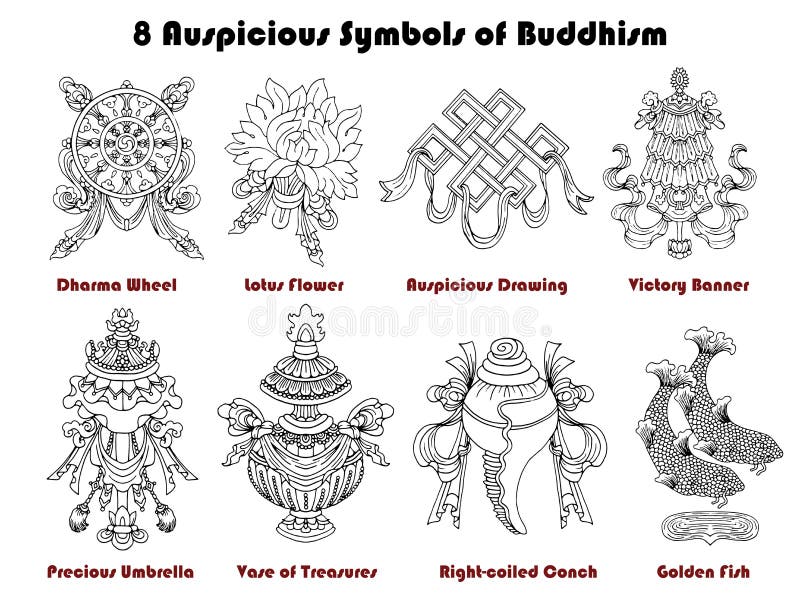 Design Set with Eight Auspicious Symbols of Buddhism Isolated on White  Stock Vector - Illustration of line, banner: 160433110