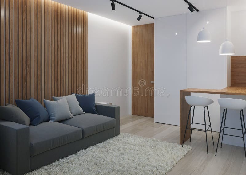 Design a Small Room with a Sofa. Night. Evening Lighting Stock Photo