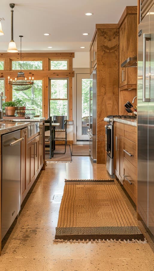 Design sostenibile per cucina con pavimentazione di sughero e legno di conifere ricamato fotografie stock