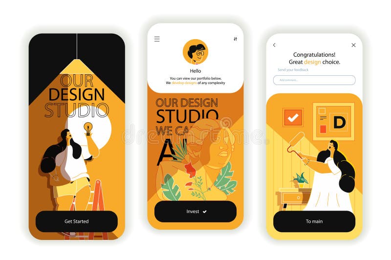 Design studio concept onboarding screens. UI, UX, GUI user interface kit royalty free illustration
