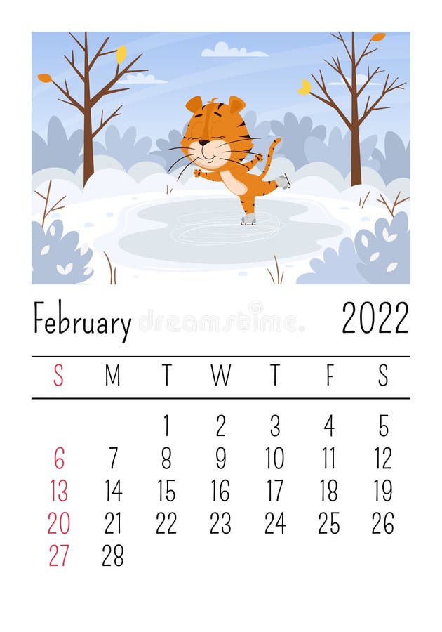 design template calendar for 2022 february cute cartoon tiger is skating on the ice rink in the forest stock vector illustration of month concept 218418976