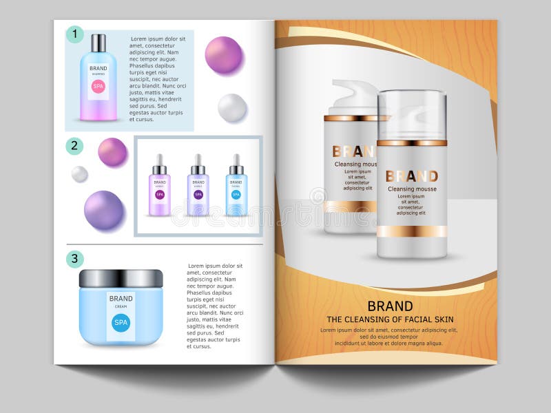 Design template of magazine. Vector pictures of cosmetics bottles and place for your text royalty free illustration Design template of magazine. Vector pictures of cosmetics bottles and place for your text royalty free illustration