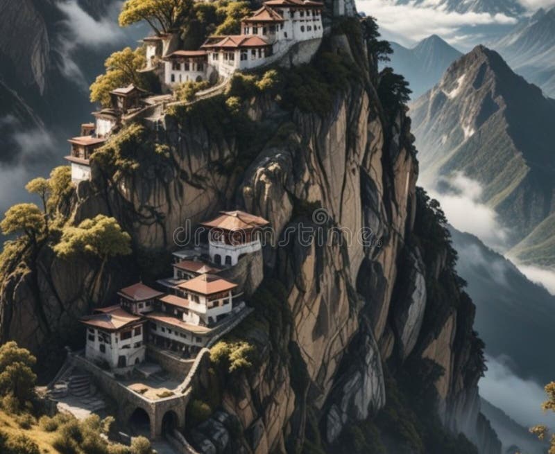 Monastery on a cliff, mountain landscape. AI photo. vector illustration