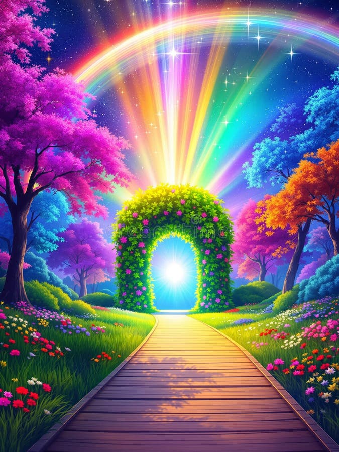 Vibrant fantasy landscape with a path leading to an arched portal, rainbow. stock illustration