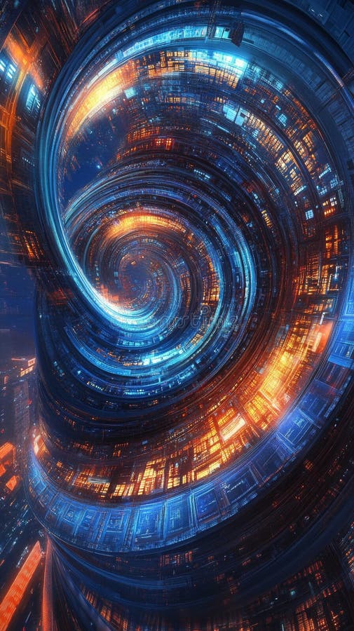 Design Vortex abstract futuristic cu lumini energetice albastre și portocalii într-un spațiu digital stock illustration