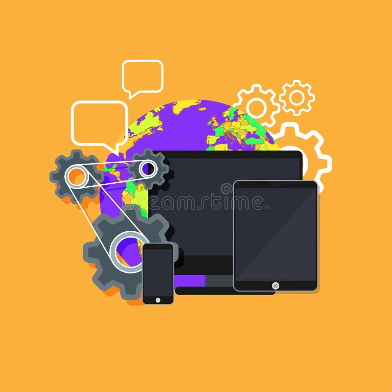 Design web interface website computer. Development responsive mobile, tablet, laptop UI screen. Digital technology site device vec stock illustration