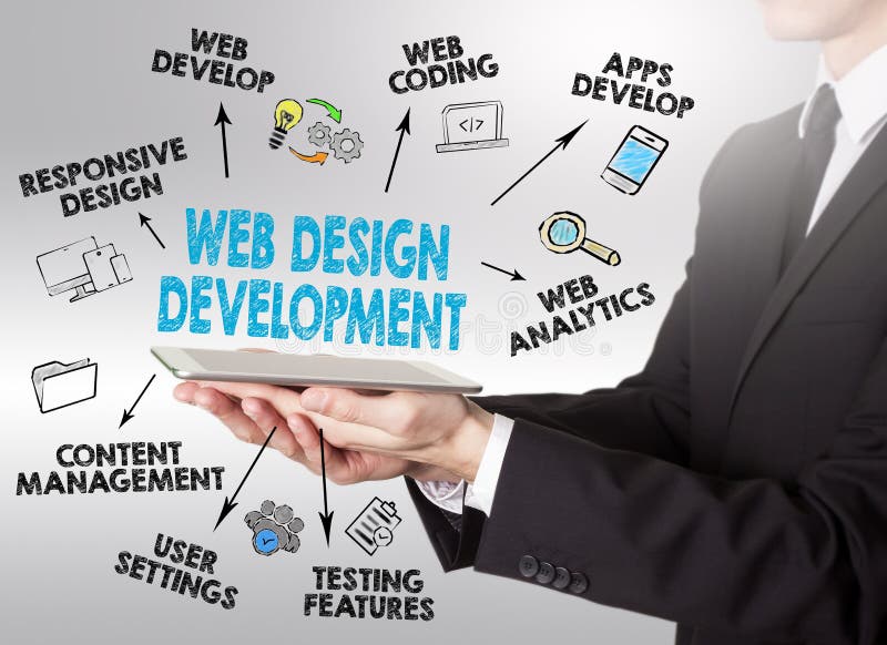 Design web și concept de dezvoltare pentru tineri care dețin o tabletă c royalty free stock photo