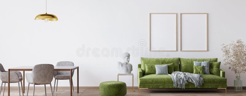Designad panoramabildsram för lyxgrön levande vardagsrumsdesign royaltyfri illustrationer