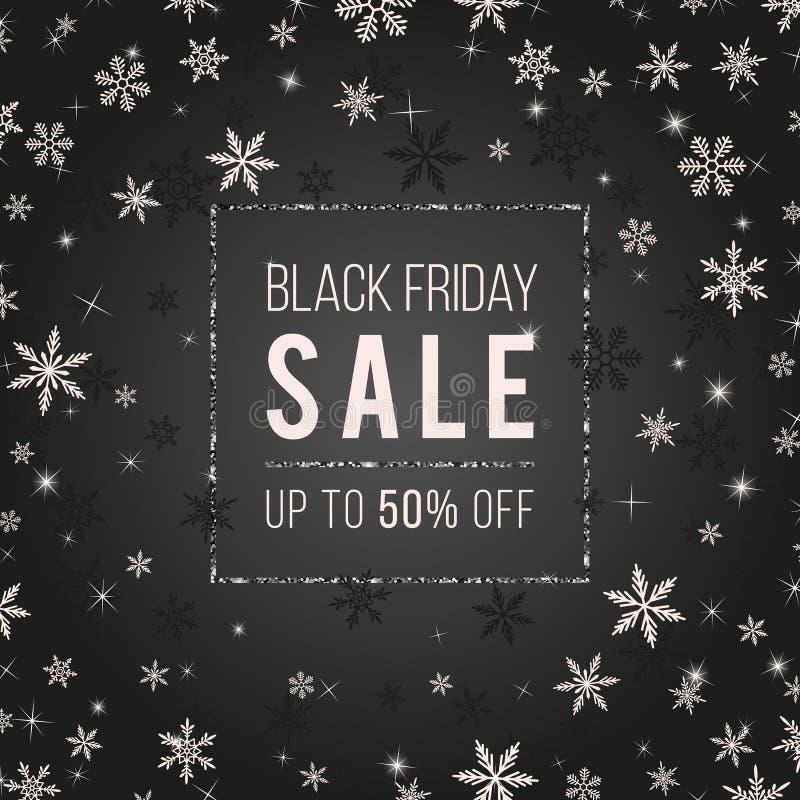 Designen för det Black Friday Sale vektorbanret med snöflingor, stjärnor, mousserar royaltyfri illustrationer Designen för det Black Friday Sale vektorbanret med snöflingor, stjärnor, mousserar royaltyfri illustrationer