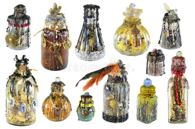 Design set with magic decorated witch bottles isolated on white. Wicca, esoteric, divination and occult concept with vintage magic objects for mystic rituals. Design set with magic decorated witch bottles isolated on white. Wicca, esoteric, divination and occult concept with vintage magic objects for mystic rituals