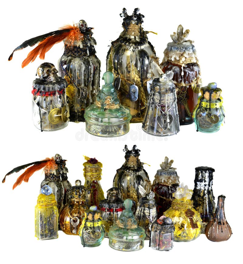 Design set with magic witch bottles decorated with crystals isolated on white. Wicca, esoteric, divination and occult concept with vintage magic objects for mystic rituals. Design set with magic witch bottles decorated with crystals isolated on white. Wicca, esoteric, divination and occult concept with vintage magic objects for mystic rituals