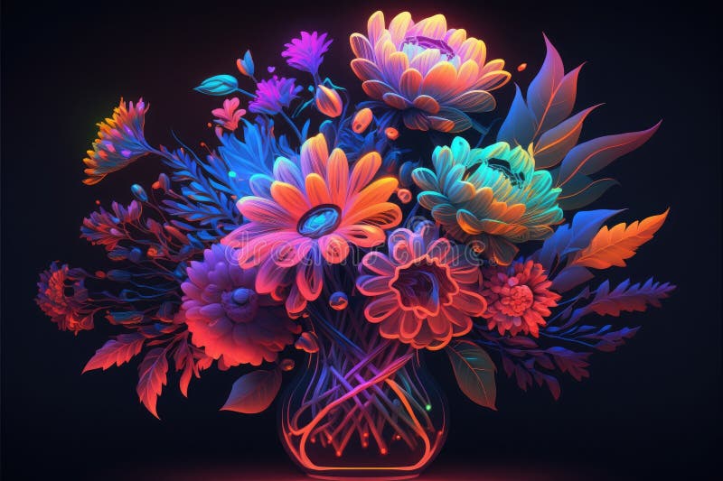 Designer Bouquet of Flowers, Neon Style. Generative AI Stock