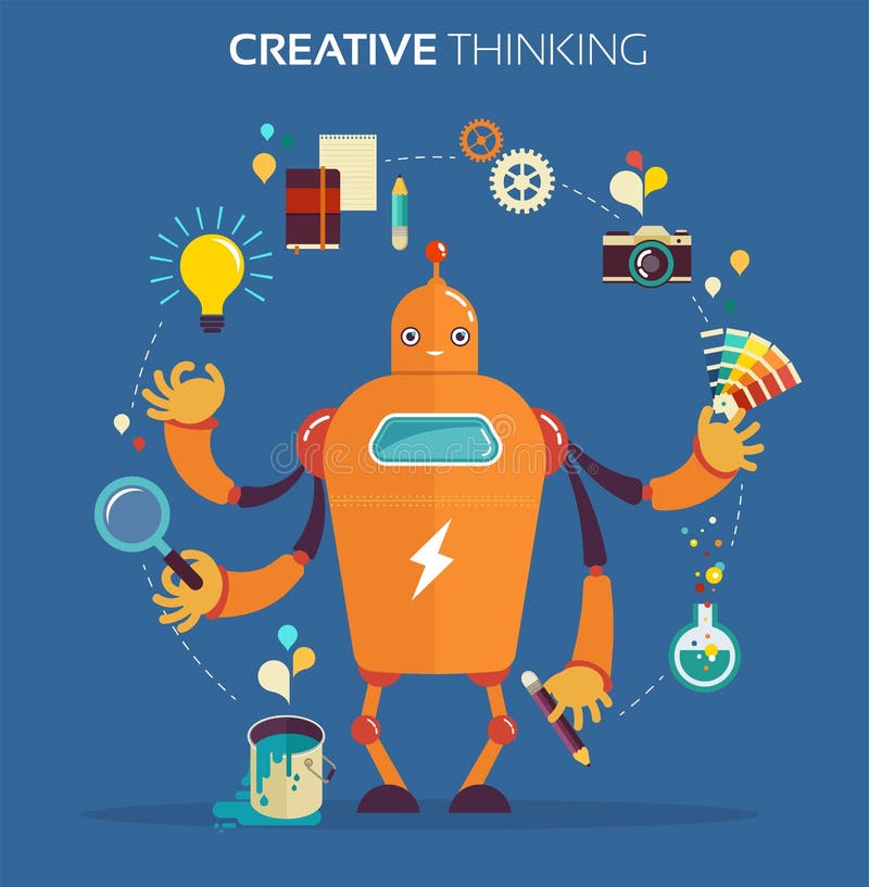 Designer gráfico do robô - pensamento criativo ilustração stock Designer gráfico do robô - pensamento criativo ilustração stock