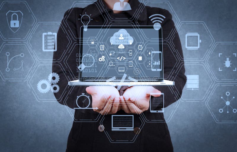 Coding software developer work with augmented reality dashboard computer icons of scrum agile development and code fork and versioning with responsive cybersecurity. designer hand show cloud network sign as concept. Coding program data stock images, royalty-free photos and pictures