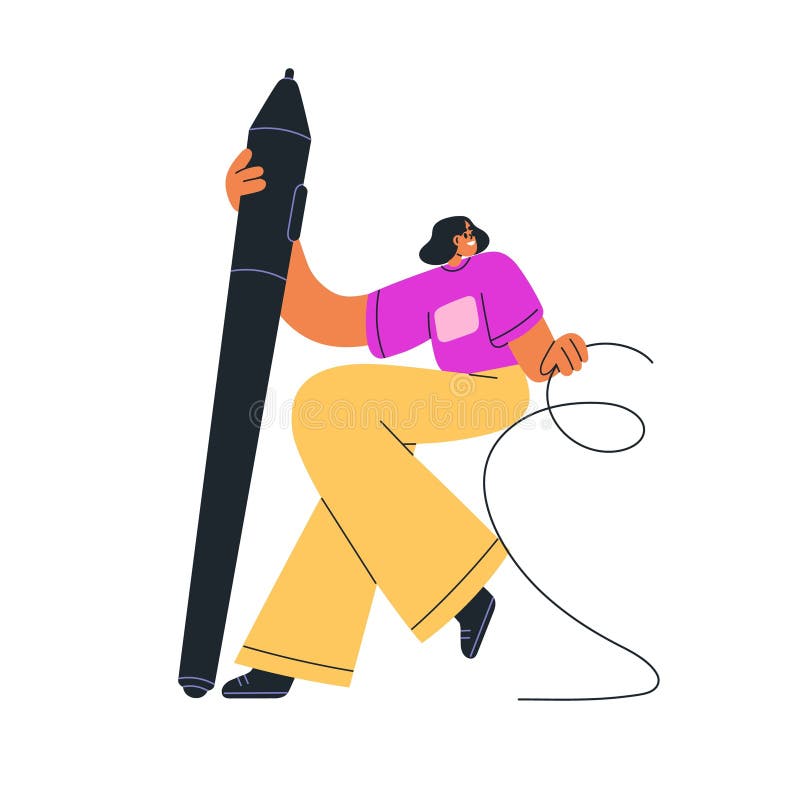 Designer holding huge digital stylus, electronic tablet tool. Creative woman, professional artist, illustrator drawing vector illustration