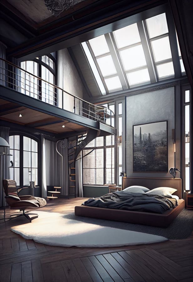 Designer Master Bedroom in Loft Style. AI Generated Stock Illustration