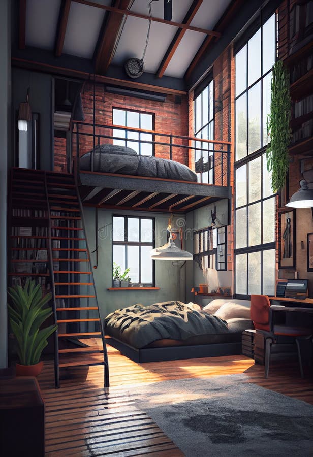 Designer Master Bedroom in Loft Style. AI Generated Stock Illustration