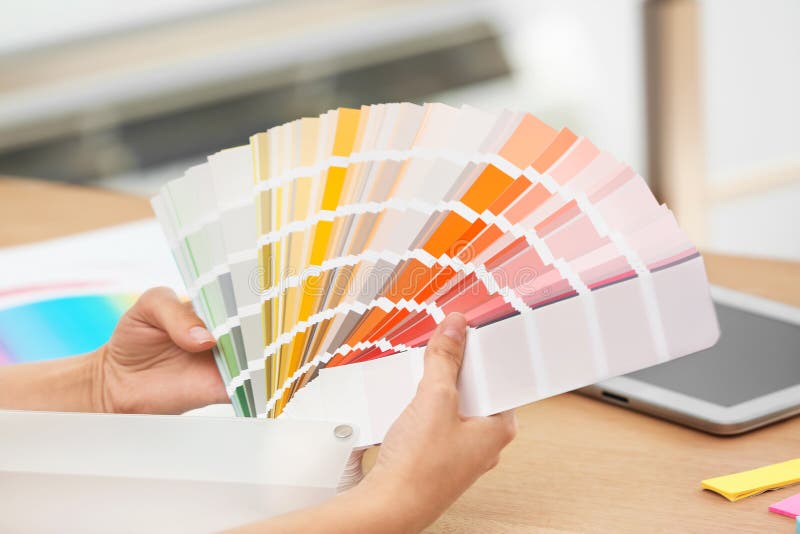 Designer with Paint Color Palette Samples Stock Image Image of