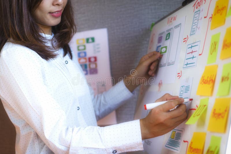 Designer women of planning website and sketch drawing template layout for application developing in . User experience Design stock images Designer women of planning website and sketch drawing template layout for application developing in . User experience Design stock images