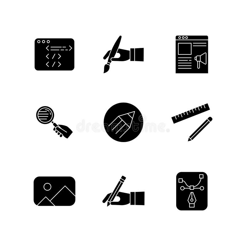 Designer work elements black glyph icons set on white space royalty free illustration