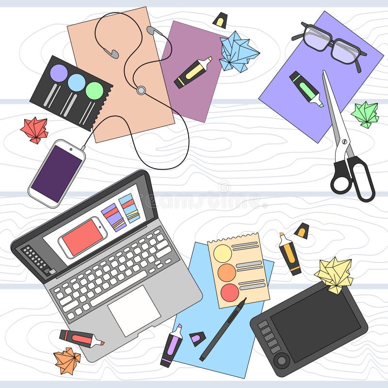 Designer Work Place Table Design Top Angle royalty free illustration