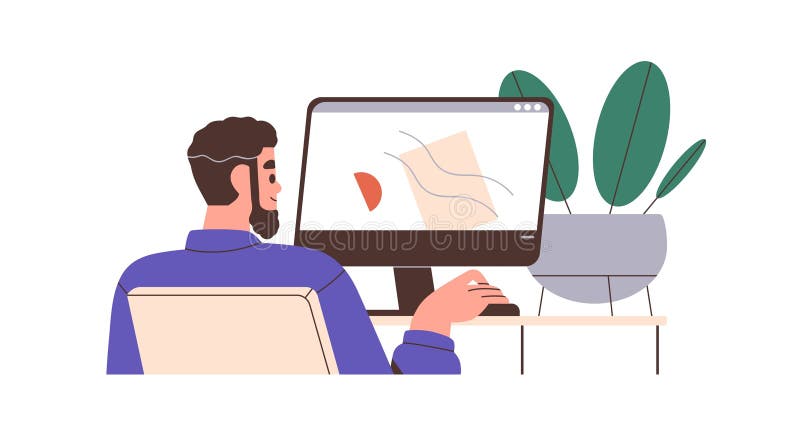 Designer working on computer at desk. Digital artist drawing, designing, sitting at table, workplace. Creative man royalty free illustration
