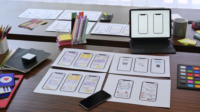 Designer working desk with wireframe sketches of screens for mobile application. User experience. stock photo