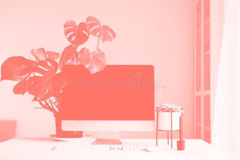 Designer workspace. Minimalistic home office. Blank screen desktop computer, Mockup desktop computer, lamp, graphics tablet royalty free stock image