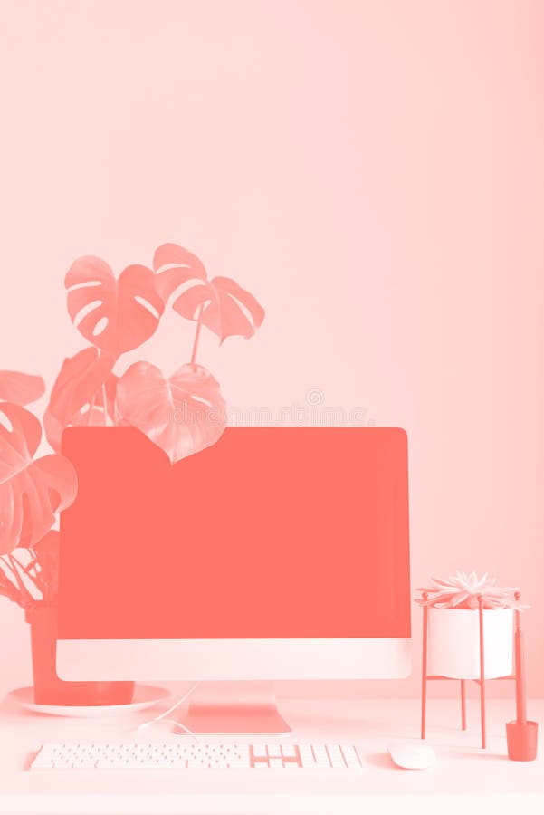 Designer workspace. Minimalistic home office. Blank screen desktop computer, Mockup desktop computer, lamp, graphics tablet stock photography