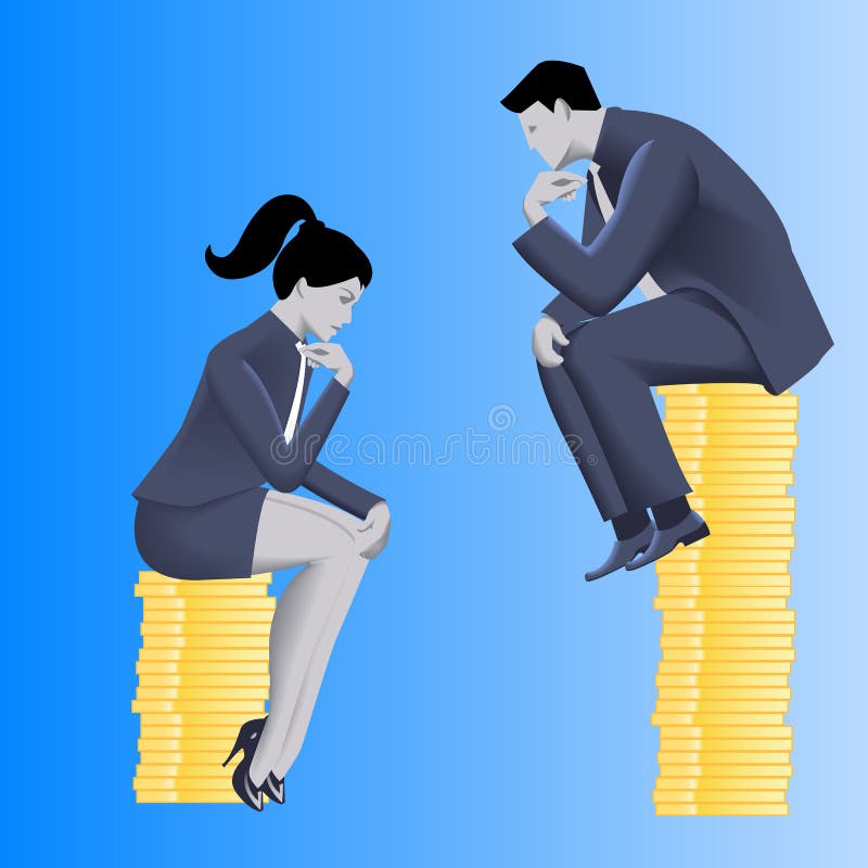 Gender inequality on payment business concept. Businessman looks from top of coins pile on business lady sitting on lesser pile.Concept of career inequality, disparity, gender differences, foul play. Gender inequality on payment business concept. Businessman looks from top of coins pile on business lady sitting on lesser pile.Concept of career inequality, disparity, gender differences, foul play