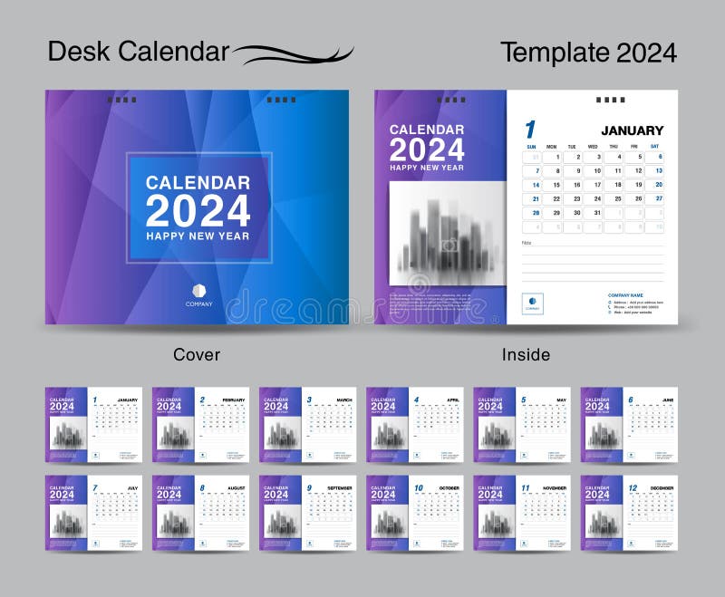 Desk Calendar 2024 Template Set and Blue Cover Design, Set of 12 Months