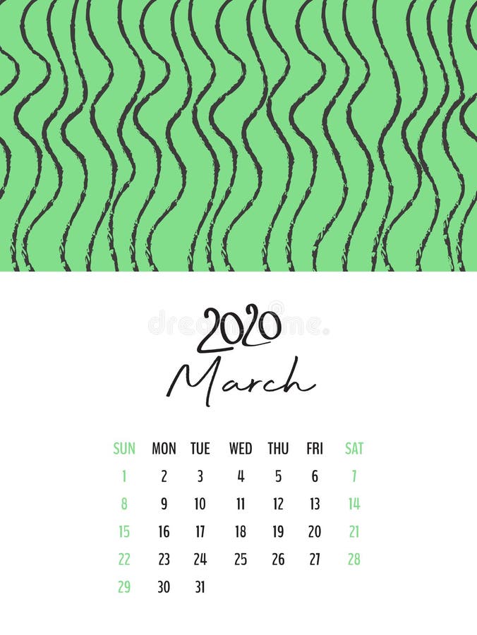 Desk Calendar 2020 template vector, March 2020 design, Planner vector diary in a memphis style, Week start on Sunday stock illustration Desk Calendar 2020 template vector, March 2020 design, Planner vector diary in a memphis style, Week start on Sunday stock illustration