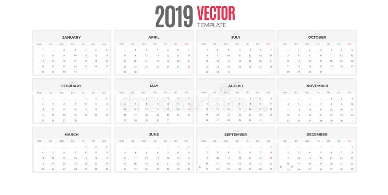 2019 Desk Calendar Week Starts Monday Stock Vector Illustration