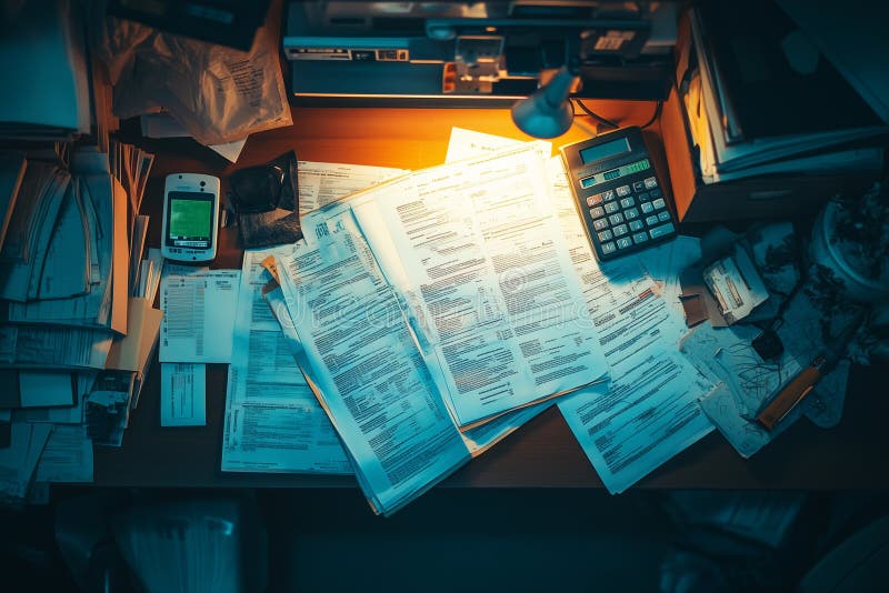 Desk cluttered with documents and office supplies during late-night work session royalty free stock photography
