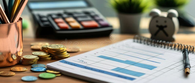 A desk with coins, graph paper, and a calculator, representing financial planning and budgeting tools royalty free stock photos