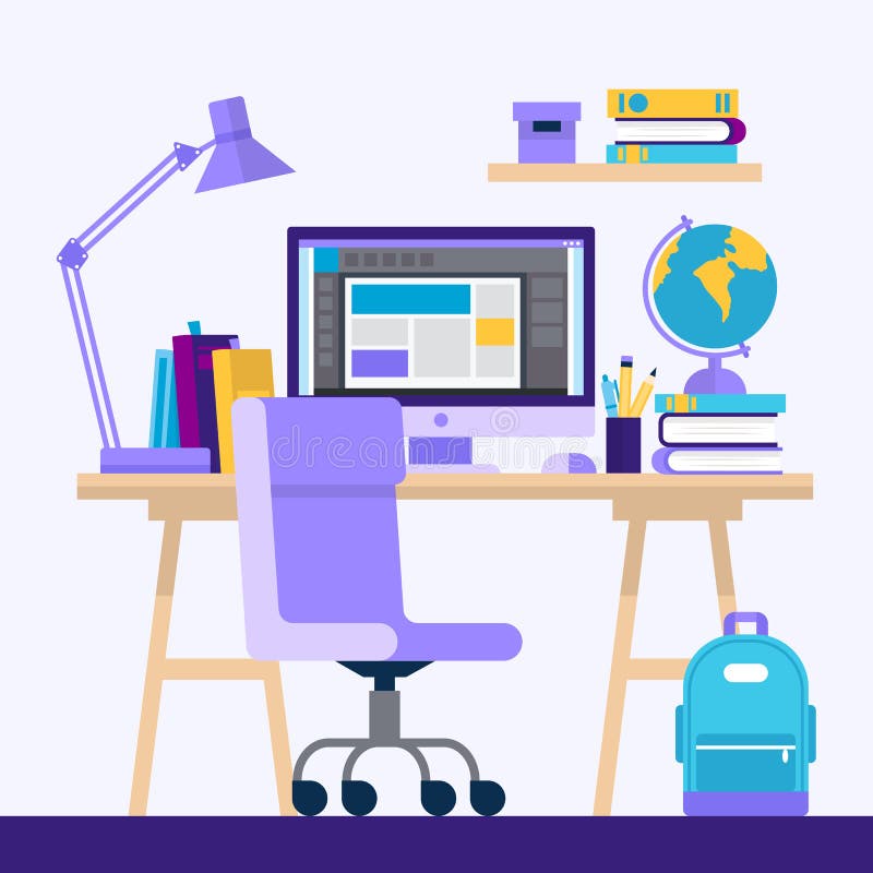 Desk with Computer and Books. Concept Illustration for Online Learning