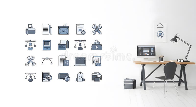 Desk with Computer, Lamp and Icons for Graphic Design and Creative Process royalty free illustration
